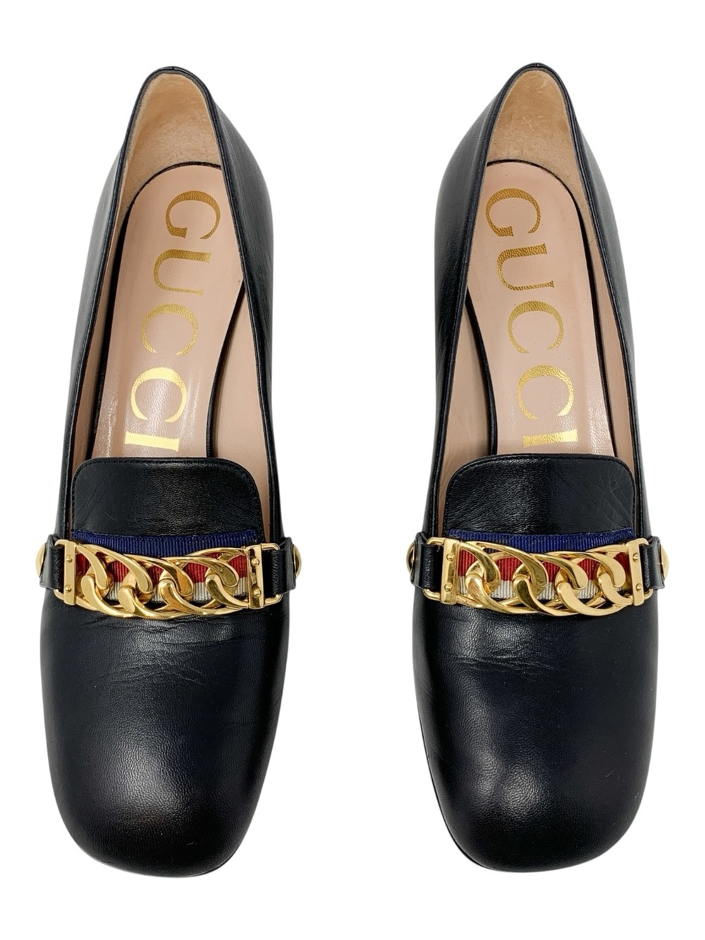 Gucci Sylvie Chain Black Leather Block Heel Pumps EU 37.5